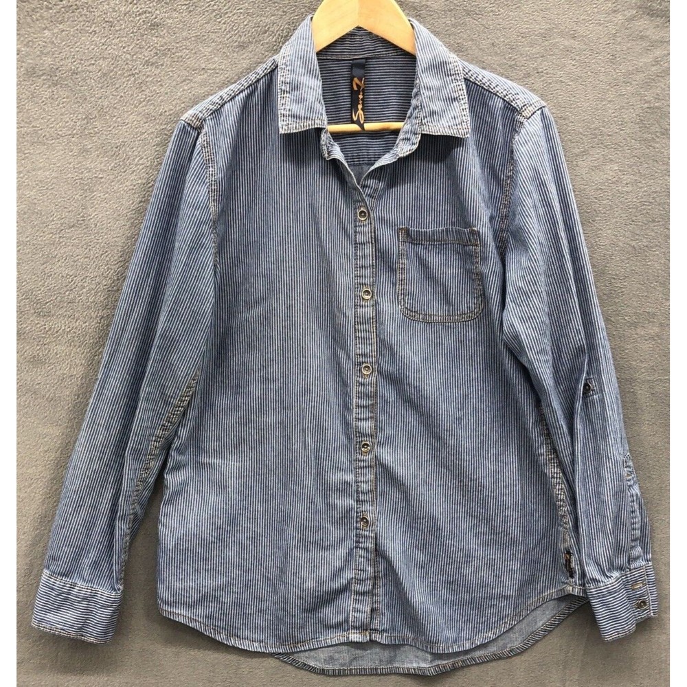Seven7 Denim Chambray Shirt Size Large Striped Roll Tab Sleeves